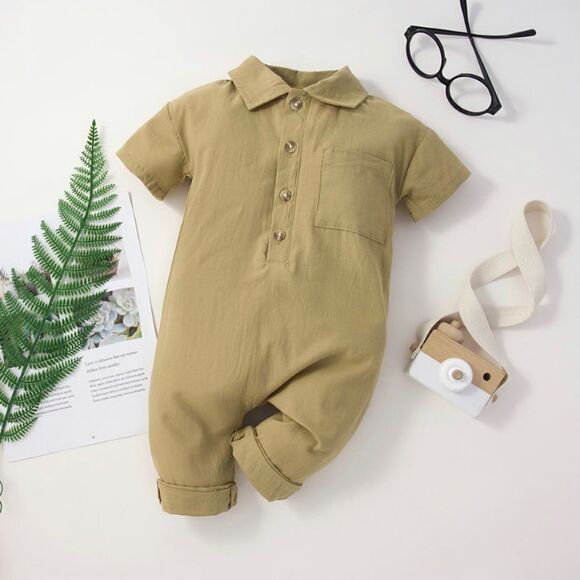 Boys solid lapel collar pocket, jumpsuit, green - Picture 1 of 6